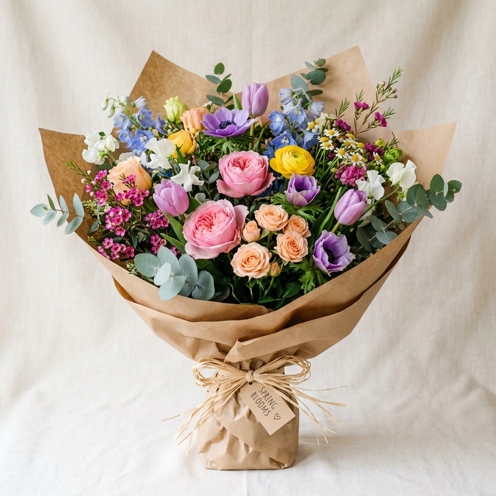 Lindo buquê de flores frescas embrulhado em papel kraft rústico